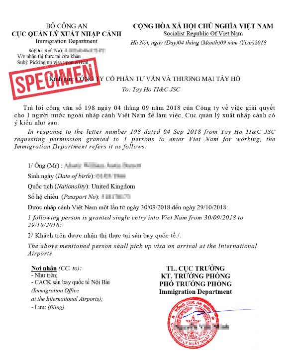 Vietnam Visa Approval Letter
